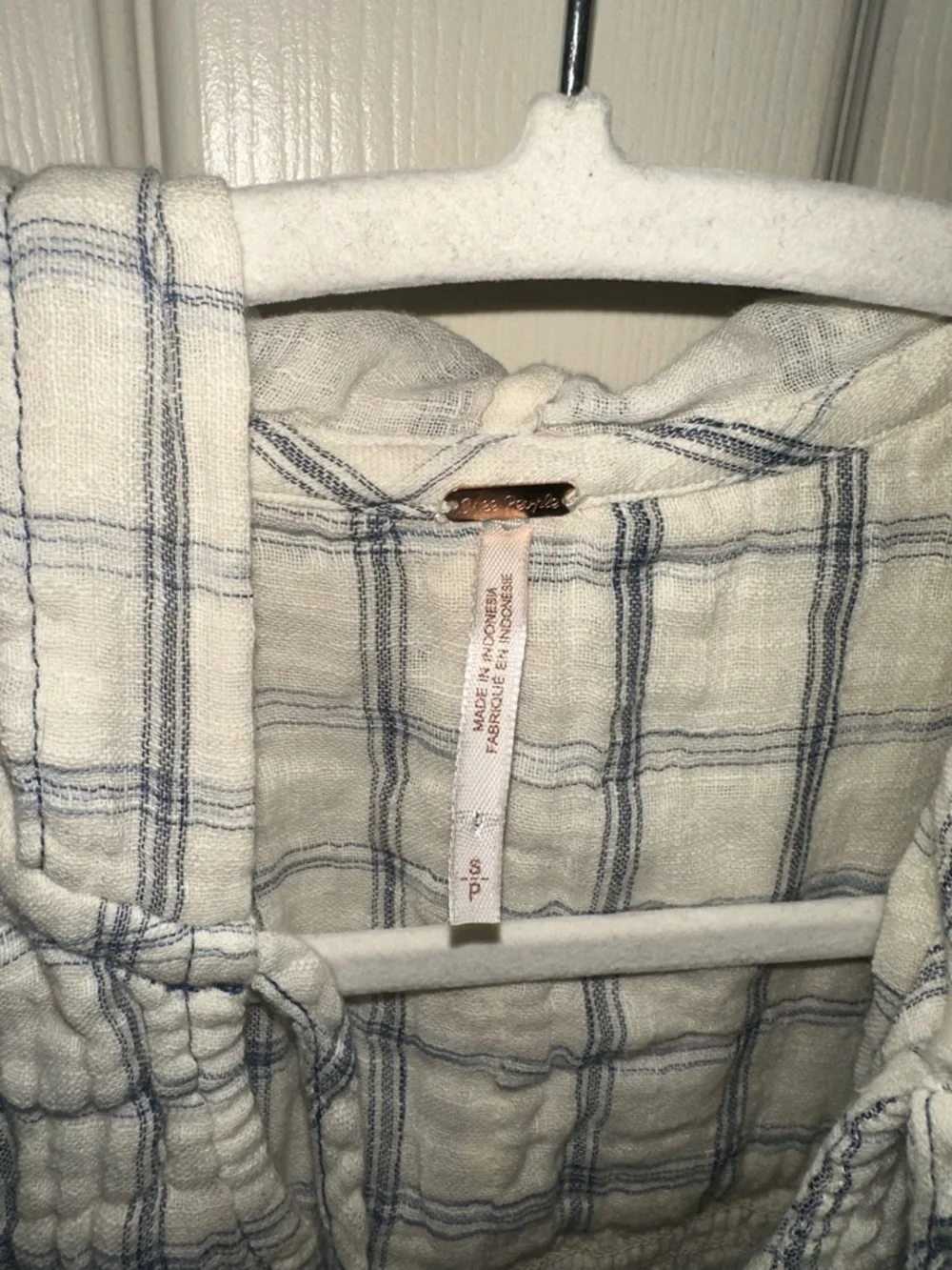 Free People Lightweight White and Blue Plaid Hooded Gauzy Cotton Tunic Top S